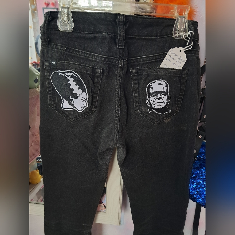 Blackheart Custom Black Skinny Jeans- Frankenstein & Bride Patches - Picture 2 of 6